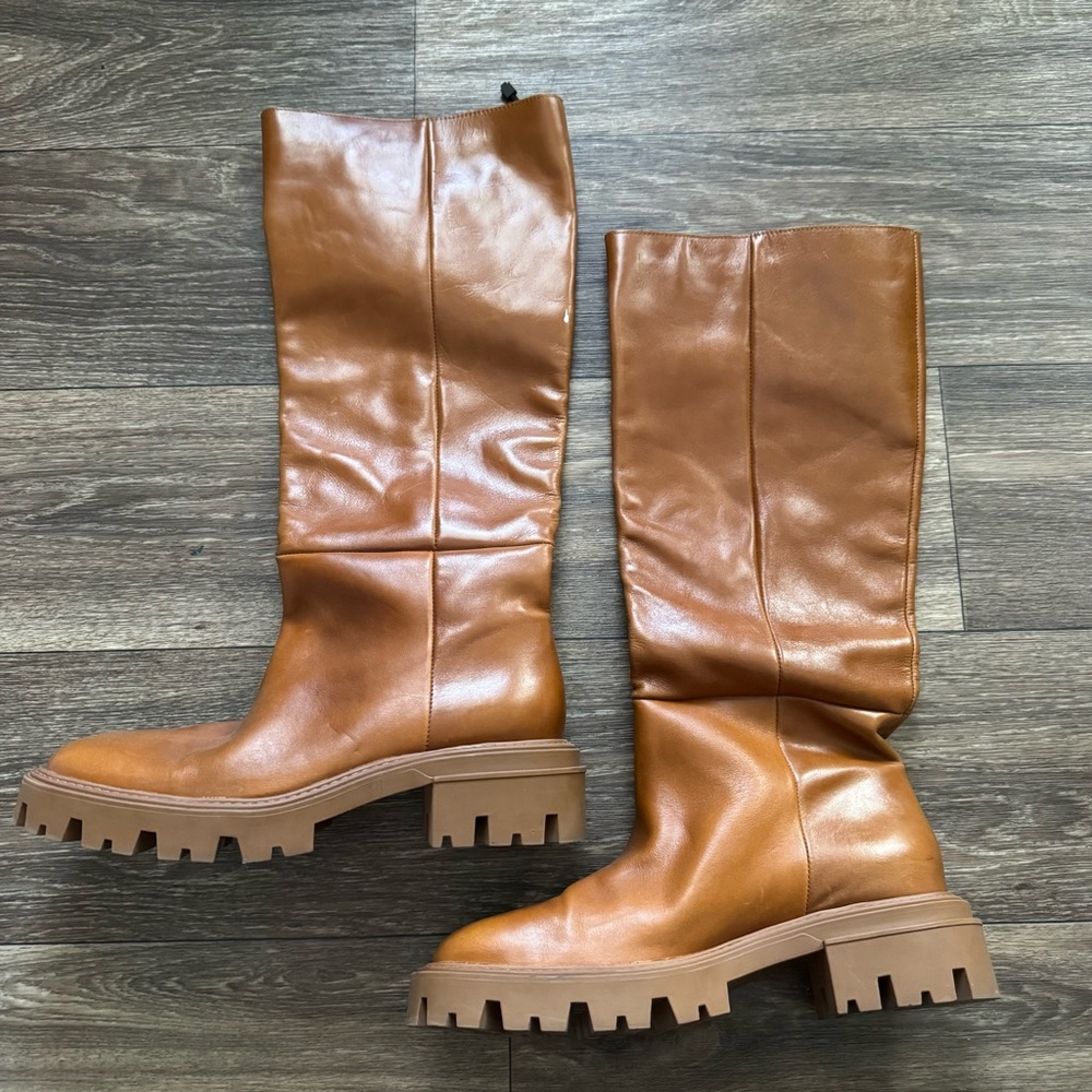 ZARA Flat Knee Brown Tall Leather Boots - Picture 13 of 16